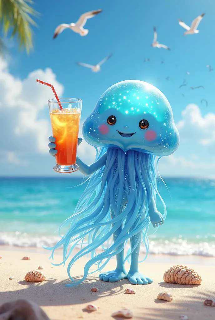 A cute blue jellyfish is standing on the beach and holding a glass of cold drink