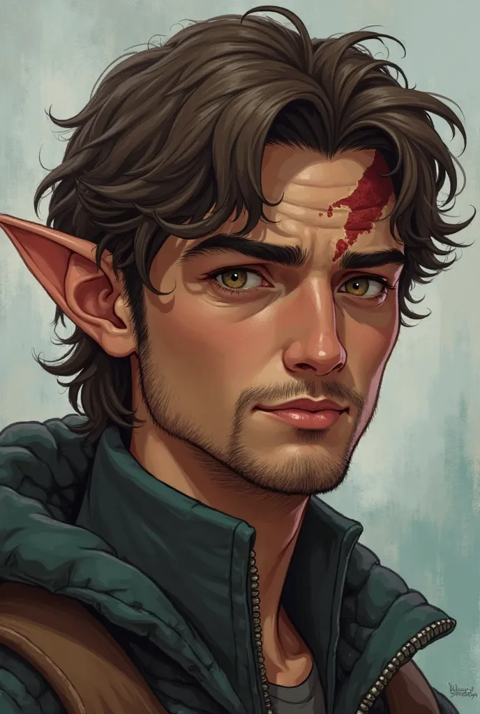 He is a young and attractive mixed-race boy, half Fae and half human, with barely pointed ears, almost looking normal. He has medium length brown hair, neither too short nor too long, and wears a very subtle beard,  almost imperceptible .
Eyes and Scar:
Hi...