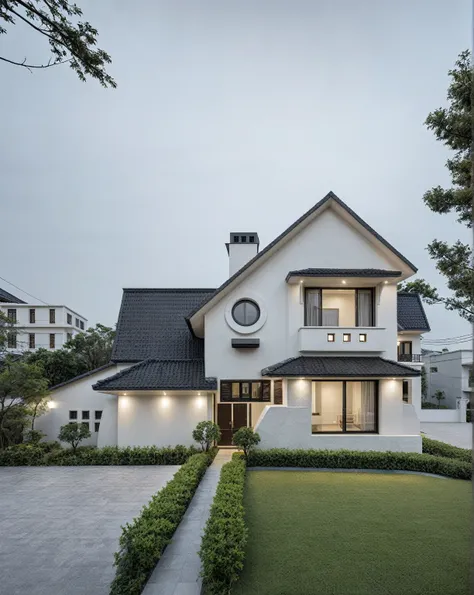 RAW photo, a photo of a modern house, (curvilinear chrchitecture:1.4), Wabisabi style rounded wall, white wall, steel dark gate, sidewalk, sidewalk trees, ((grey gate:1.2)), road, viet nam modern residence, ((architectural shot)), rough white wall, new res...