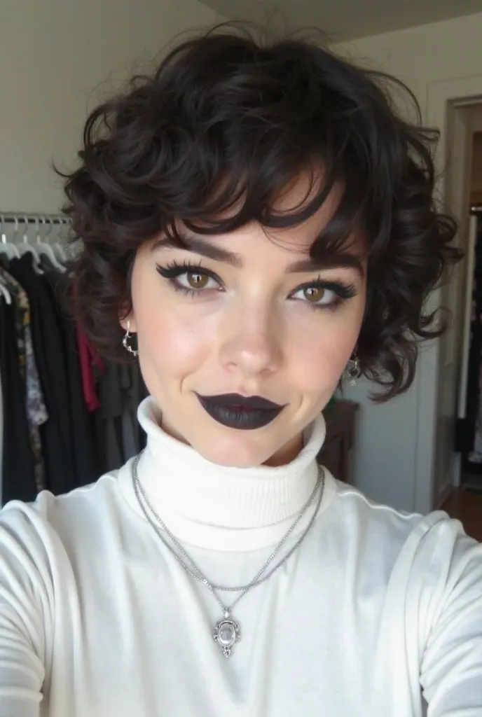 Create an image that shows a person with short hair, wavy and dark, wearing striking makeup with highlighted black eyeliner and dark lipstick. She wears a white turtleneck and silver accessories, including a necklace and a hanging earring. The facial expre...