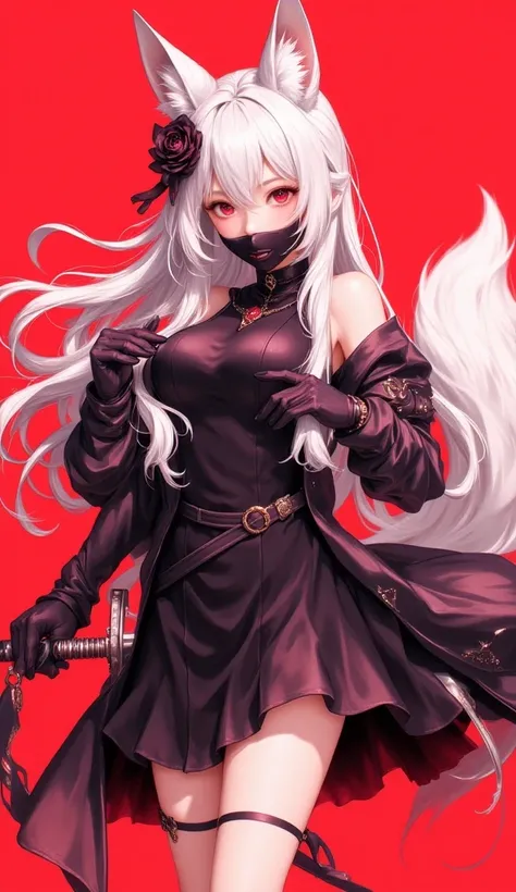 masterpiece, best quality, good quality, very awa, newest, highres, absurdres, 1girl, solo, long hair, breasts, looking at viewer, hair ornament, gloves, red eyes, dress, holding, animal ears, hair between eyes, standing, white hair, flower, weapon, black ...