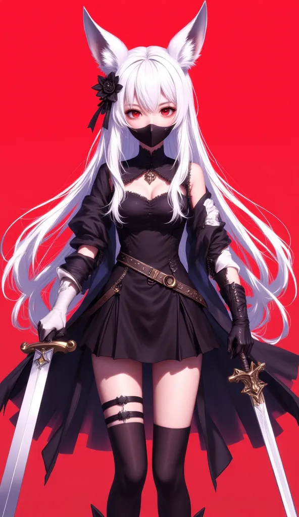 masterpiece, best quality, good quality, very awa, newest, highres, absurdres, 1girl, solo, long hair, breasts, looking at viewer, hair ornament, gloves, red eyes, dress, holding, animal ears, hair between eyes, standing, white hair, flower, weapon, black ...