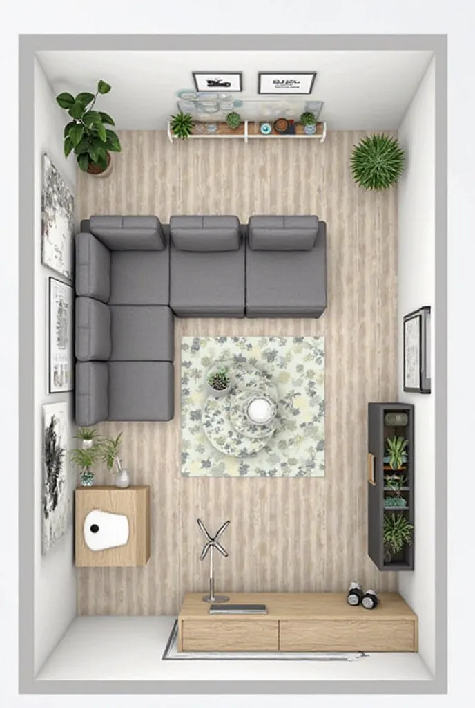 Gray Living Room Design (2.5m x 1.8m):
 * Space: 2.5m x 1.8m.
 * Color: Grays, neutrals, green accents.
 * Features:
   * Gray sectional.
   * Floating shelves.
   * Storage & plant units.
   * Coffee table.
   * Rug.
   * Curtains.
   * Lighting.
   * Dec...