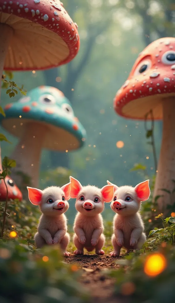 Three piglet siblings in a magical forest, surrounded by colorful giant mushrooms with expressive faces, some smiling, others surprised, piglets listening curiously, tiny glowing lights floating in the air, soft mist in the background, warm and enchanting ...