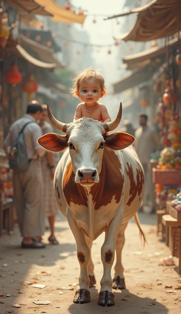 a cow is walking in a market,  a baby is sitting on the vow.