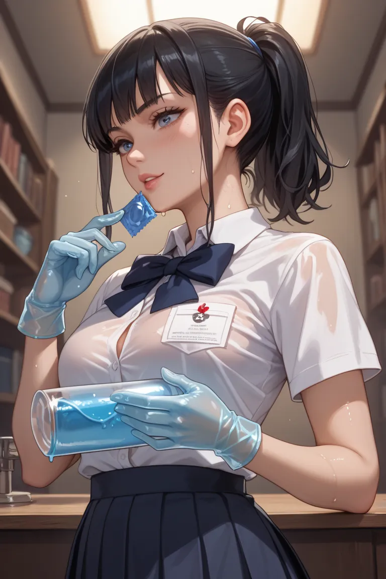 translucent medical plastic gloves that fit snugly on the hand,Female College Student, nasty vibe,eros,Medium straight hair with a neat ponytail tied one at the back。 black hair,Kamigami,Y shirt high school student uniform,cloudy liquid inside a condom,swe...