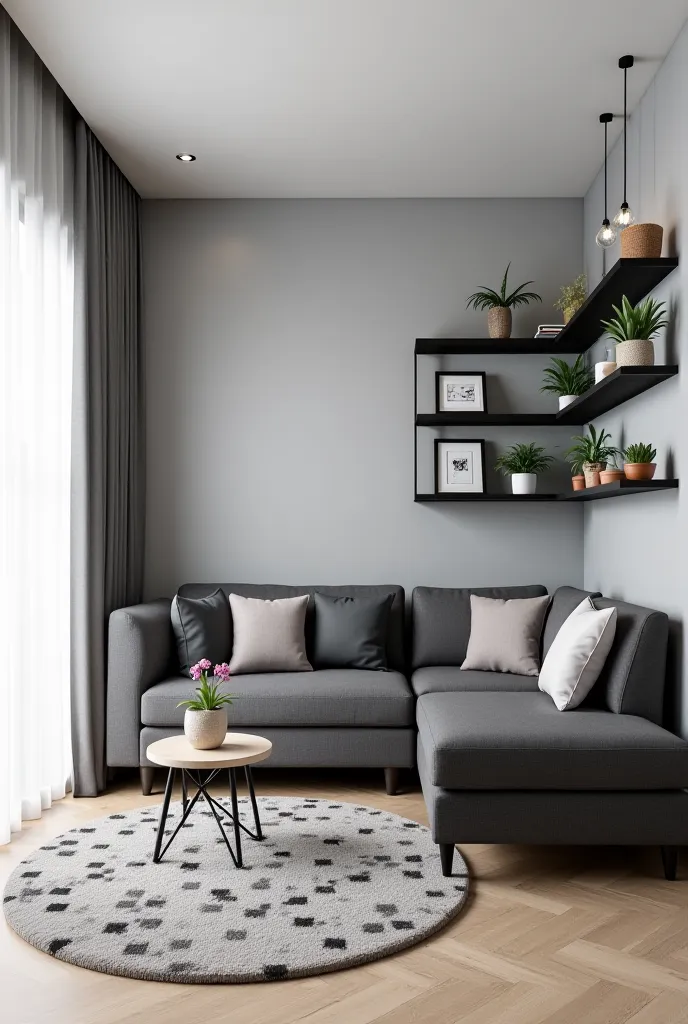 for a 2.5m x 1.8m living room with a gray color scheme, incorporating all your requested features:
Living Room Design (2.5m x 1.8m):
 * Space: 2.5m x 1.8m rectangular room.
 * Color Scheme: Various shades of gray, with neutral accents (white, black) and gr...