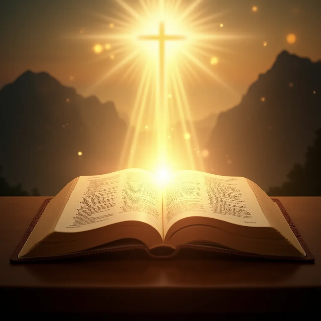 A visually striking image of an open Bible shining with divine light, its pages appearing illuminated as if radiating wisdom and truth. The words on the pages seem to shine with clarity, symbolizing the power of God's message. A heavenly aura surrounds the...