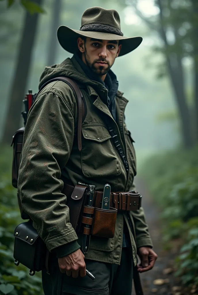 An animal hunter stands in the dense forest, wearing a traditional hunter costume that includes a camouflage jacket and a wide hat to protect from the sun. He carries a hunting rifle on his shoulder. His belt is equipped with knives and additional hunting ...