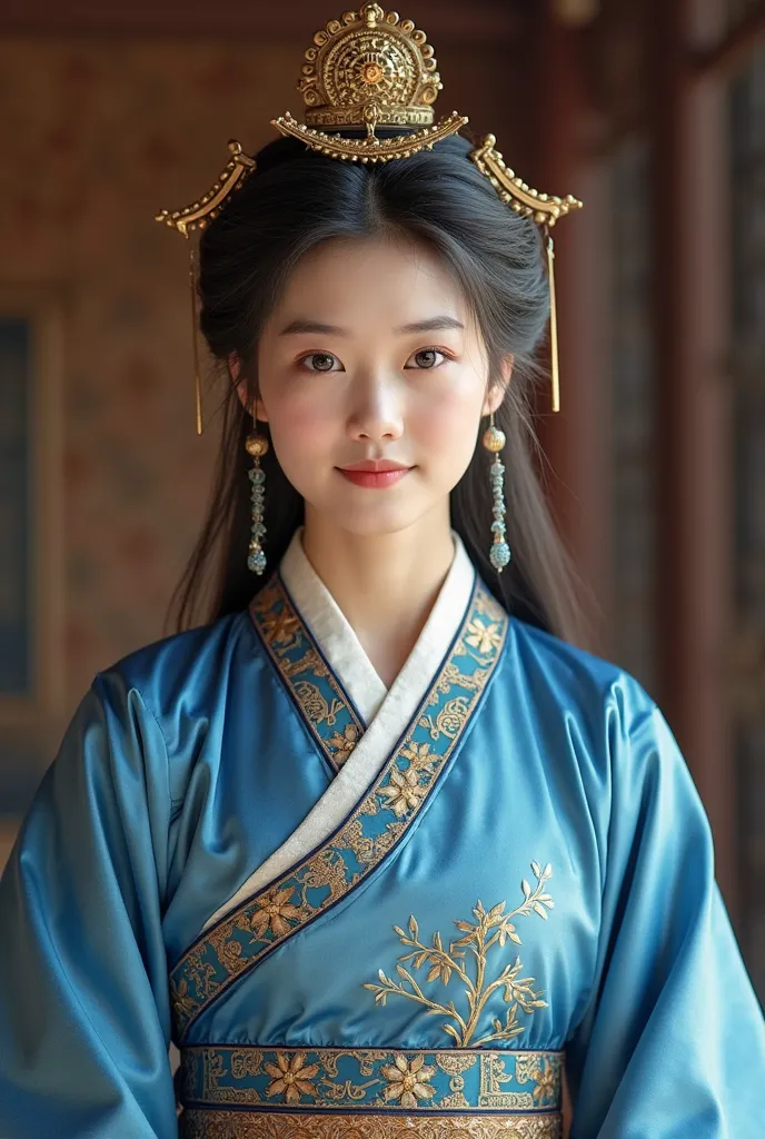 arafed asian girl wearing a blue dress and a gold headdress,ancient asian dynasty princess,ancient libu young girl,palace,a girl in hanfu,a young woman as genghis khan,ancient libu princess,traditional chinese clothing,tai traditional bronze headdress,anci...