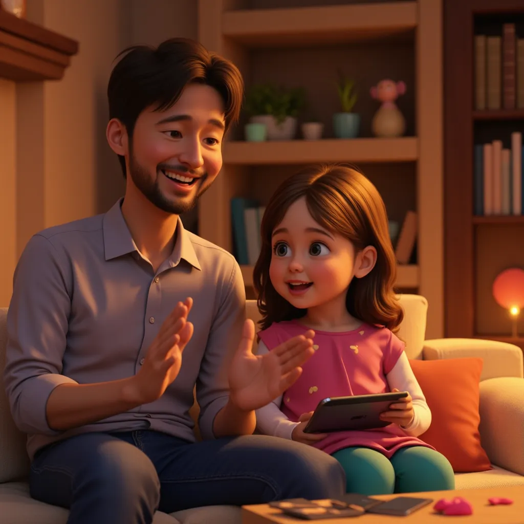 The fact that dad and daughter sing English songs together** 🔹 **prompt:** *"A happy father and daughter are sitting together in the cozy living room, smiling and singing English nursery rhymes. The father is clapping his hands,, My daughter is having fun ...