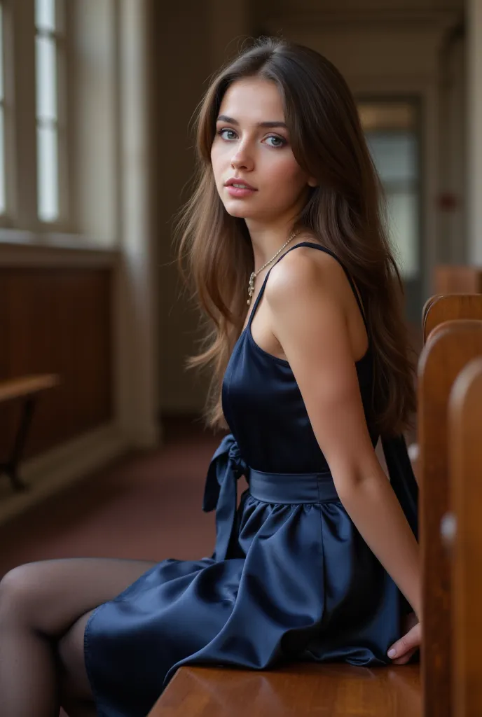  young brunette woman, beautiful eyes. Long brown hair. Kuezes dress in shiny dark blue satin, Tights, necklace, transparent lip gloss, narrow building, Pretty, 2, Full body photo, long legs, Satin top, Sitting in a church and looking around, looks stunnin...