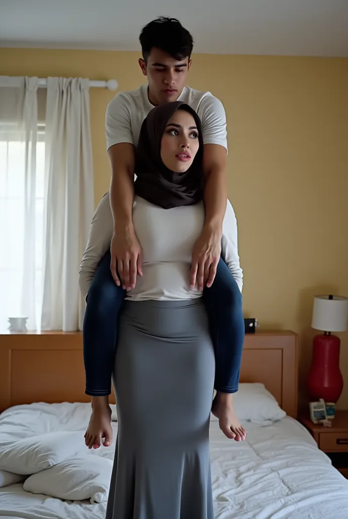 a 20 Year old boy on a Latino 18 year old girl shoulders on bedroom, shoulder ride, piggyback the girl, carrying person, boy on top half of image, girl on bottom half of image, she is standing on bedroom ,she is wearing long tight grey skirt and white slee...