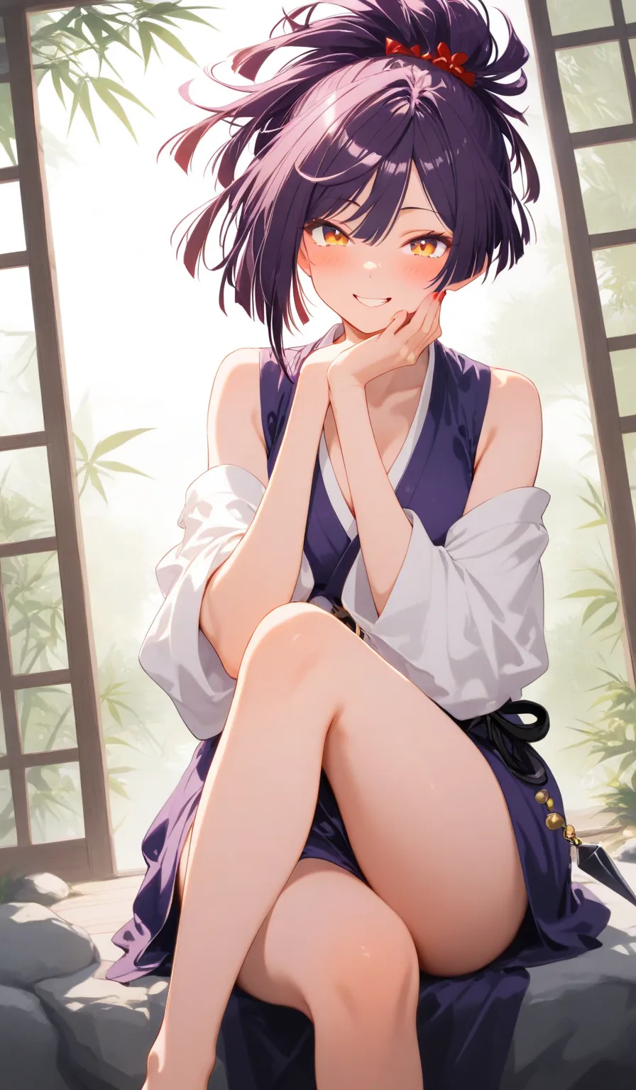 1girl, yuzuriha 
\(jigokuraku\), playful pose, sitting on a rock with one leg up, one hand resting on cheek, teasing smile, mischievous expression, looking at viewer, purple kimono slightly off shoulder, loose obi, holding a small kunai, wind blowing hair,...