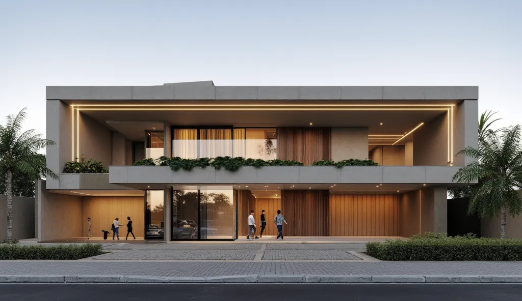 Hyper-realistic and cinematic front-view photograph of a modern house in downtown Mexico City at sunset, designed by Tadao Ando, inspired by the sculptural aesthetics of Bonded House by C.Kairouz Architects. The house features exposed concrete walls with A...