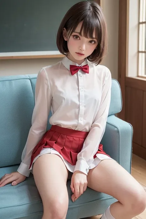 ( masterpiece, top quality:1.7), 16k, ,((The best beautiful girl,super cute)),85mm, Official Art, RAW photo,  is ridiculous, close, Nice hands,perfect hands with full nudity, perfect fingertips, bob cut,(の体型:1.5),( small flat bust sitting on the floor:1.6)...