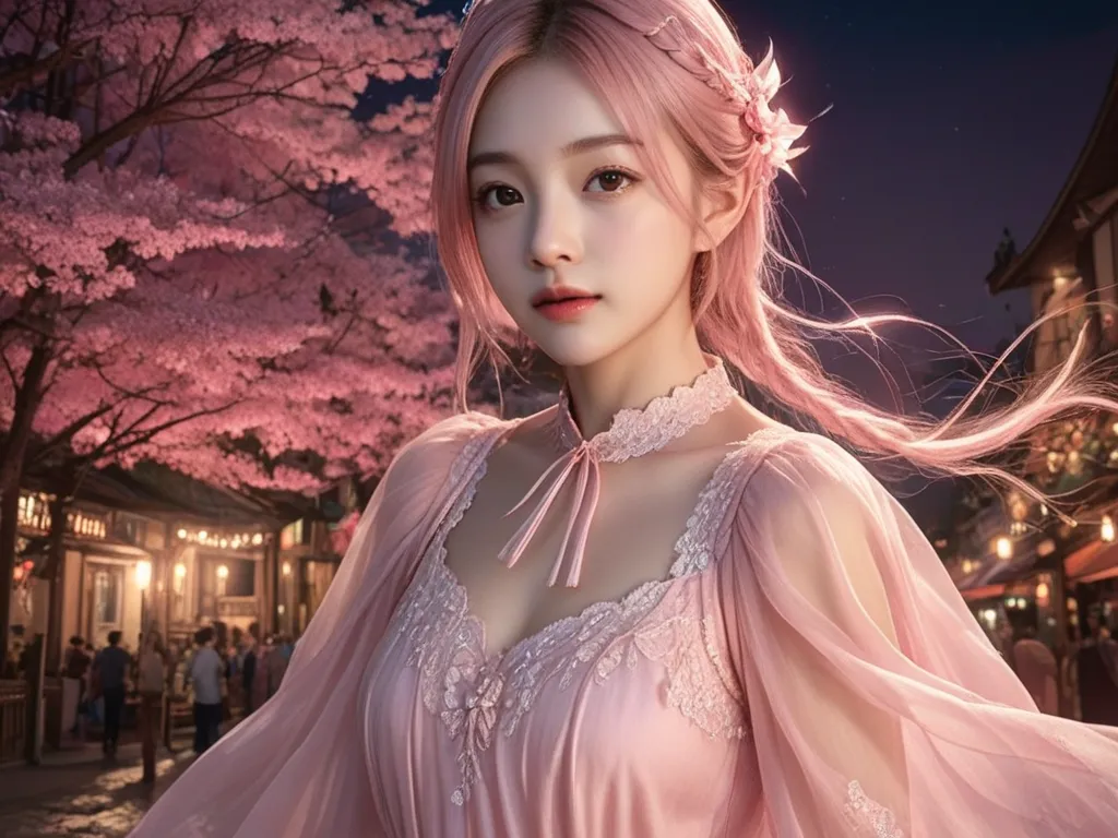 masterpiece, best quality, very aesthetic, absurdres, 1girl, yamada_elf, eromanga sensei, drill hair, brown eyes,, pink silk dress with lace and  embroidery,, scenery,, night, UPPER BODY, COWBOY SHOT, DYNAMIC ANGLE, dynamic view, , realistic, hyper realist...