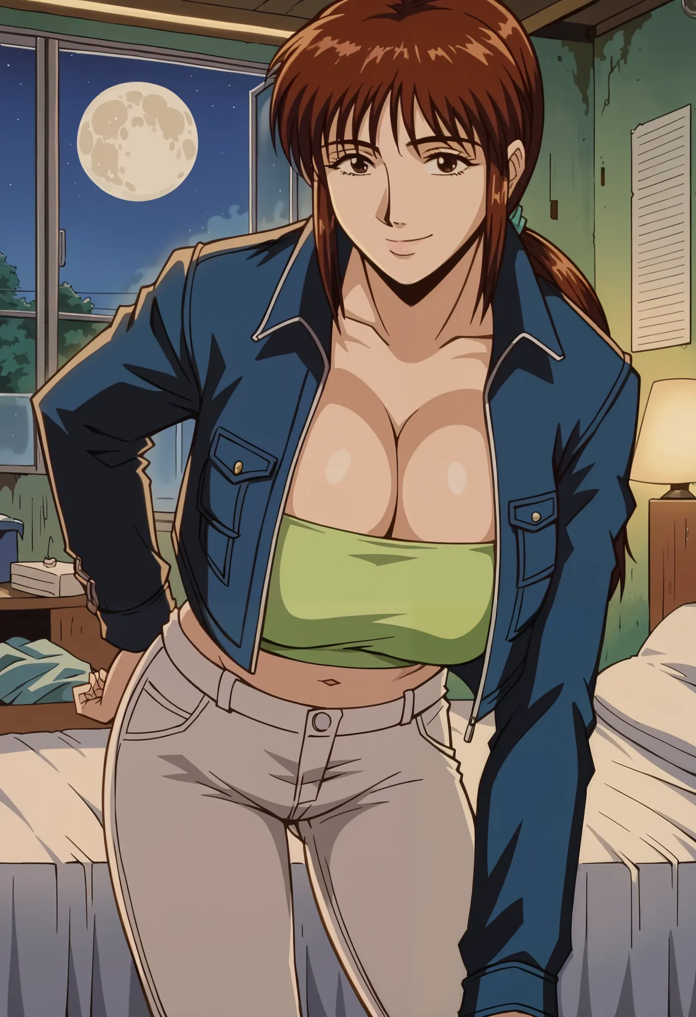 score_9, score_8_up, score_7_up, source_anime,
juliamurai, julia murai, brown hair, brown eyes, ponytail, sidelocks,
long sleeves, navel, cleavage, jacket, midriff, pants, jeans, white pants, tube top, green tube top, blue jacket, indoors, old, shabby, mes...