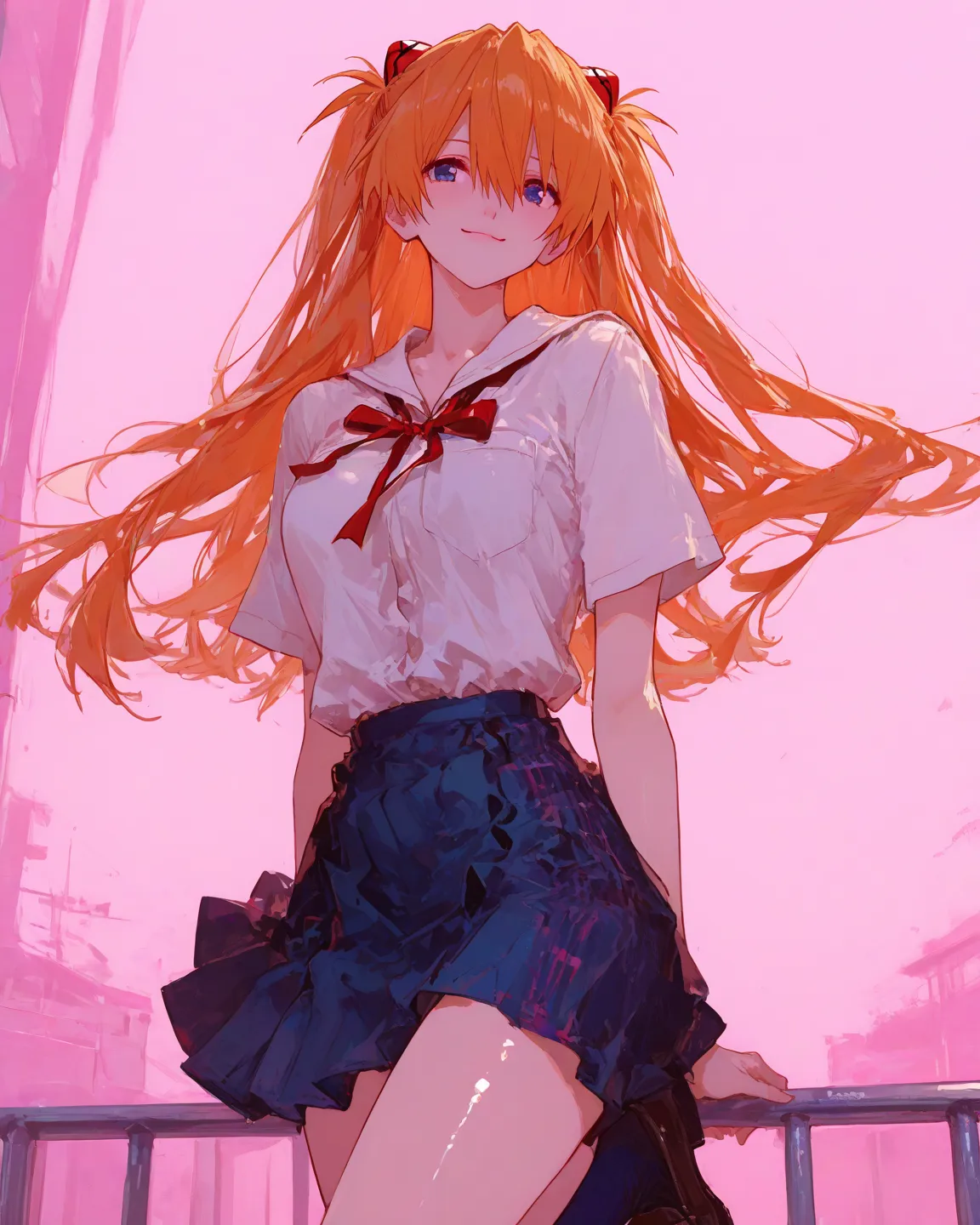    masterpiece, top quality,       vibrant, latest,  graphic anime style、Neon Genesis Evangelion、         Female 1、 、Su Long Aska Langley 、  Orange Hair、      blue eyes、     medium breasts、 school uniform、Light blue uniform、white shirt、    red ribbons、  Sk...