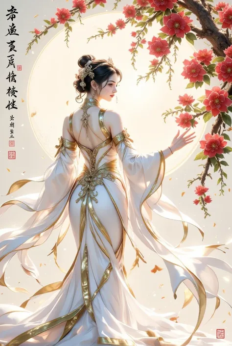 This is a traditional Chinese painting, likely created in the gongbi or xieyi style, featuring a graceful woman dressed in classical Chinese attire reaching for red flowers. The artwork includes elegant calligraphy and artist seals, which suggest a refined...