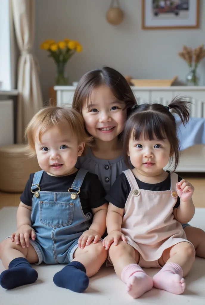 Realistic photography art, full body, extremely realistic photo of twin siblings and older sibling. A baby boy sitting, he has honey-blond hair, long hair, messy slightly wavy hair, striking light blue eyes, asian eye shape, fair skin. Wearing blue overall...