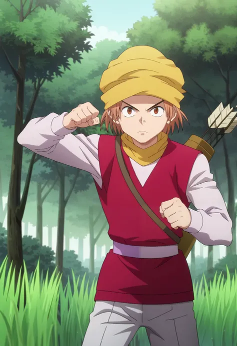 score_9, score_8_up, score_7_up, source_anime, rating_safe, intricate details, anime screencap, anime coloring, official style, looking at viewer, 1boy, solo, male focus, pokkle_hxh, brown hair, brown eyes, short hair, hat, arrow, \(projectile\), outdoors,...
