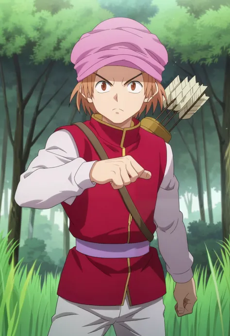 score_9, score_8_up, score_7_up, source_anime, rating_safe, intricate details, anime screencap, anime coloring, official style, looking at viewer, 1boy, solo, male focus, pokkle_hxh, brown hair, brown eyes, short hair, hat, arrow, \(projectile\), outdoors,...
