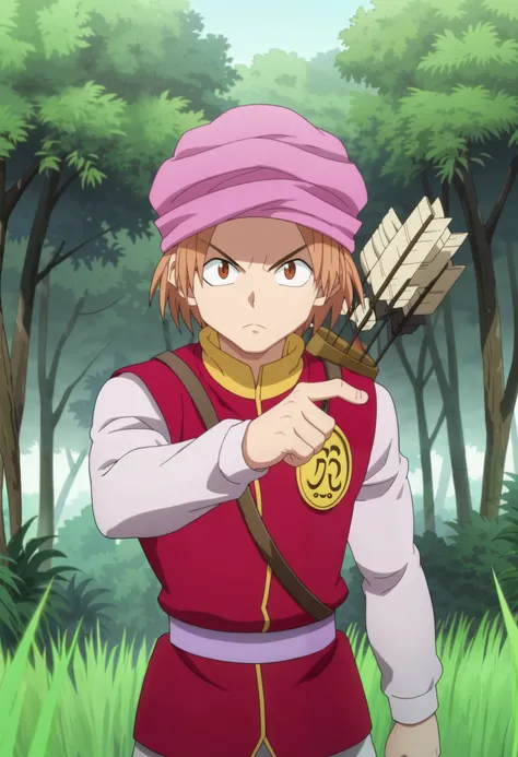 score_9, score_8_up, score_7_up, source_anime, rating_safe, intricate details, anime screencap, anime coloring, official style, looking at viewer, 1boy, solo, male focus, pokkle_hxh, brown hair, brown eyes, short hair, hat, arrow, \(projectile\), outdoors,...