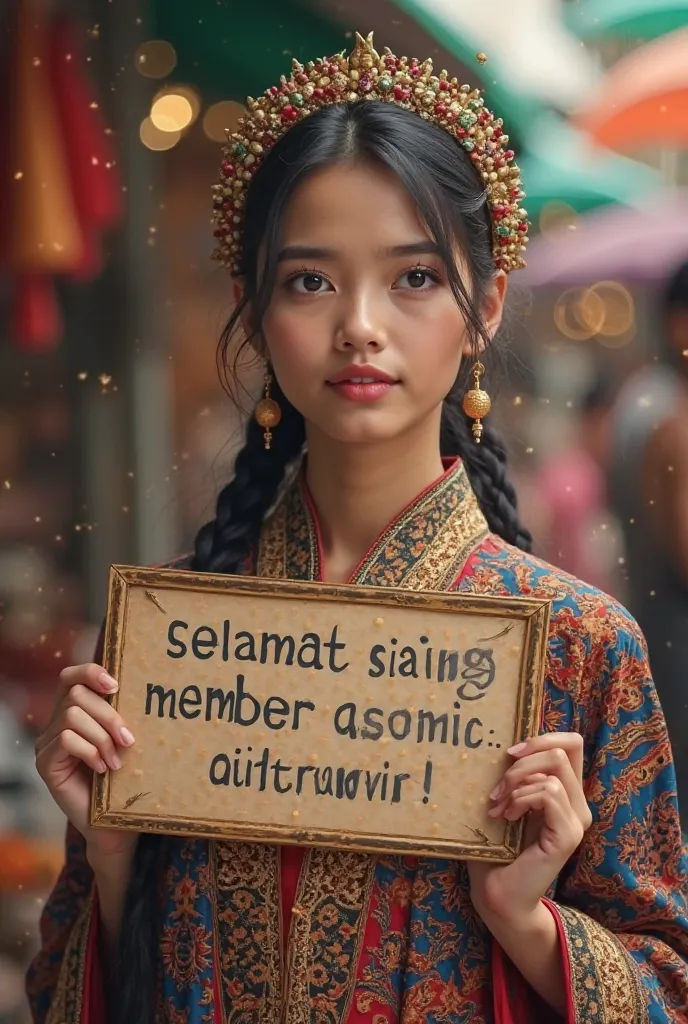 (masterpiece, best quality:1.2), 1girl, Alone, Javanese Traditional, holding sign with text "Selamat siang Member atomic", blur colorful background