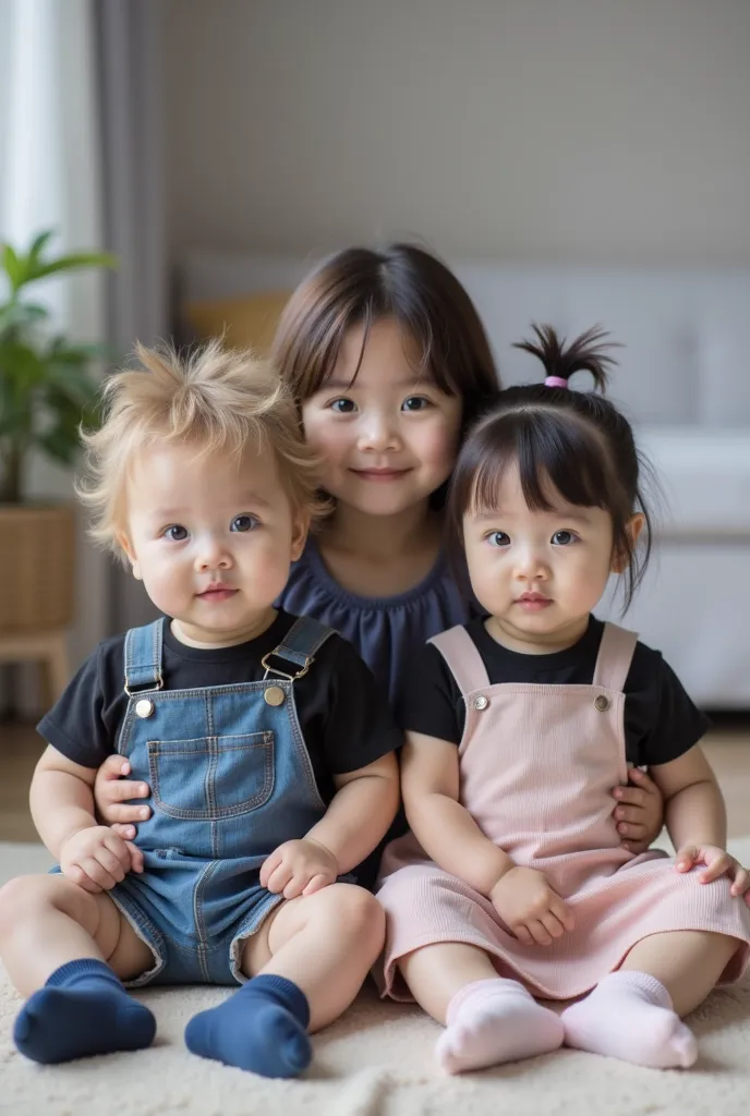 Realistic photography art, full body, extremely realistic photo of twin siblings and older sibling. A baby boy sitting, he has honey-blond hair, long hair, messy slightly wavy hair, striking light blue eyes, asian eye shape, fair skin. Wearing blue overall...