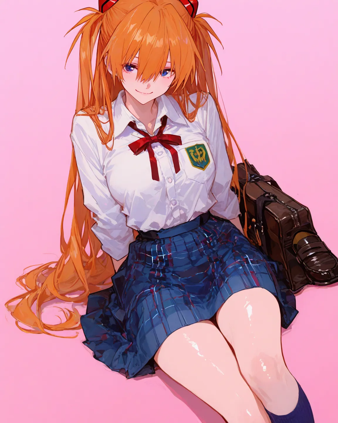    masterpiece, top quality,       vibrant, latest,  graphic anime style、Neon Genesis Evangelion、         Female 1、 、Su Long Aska Langley 、  Orange Hair、      blue eyes、     medium breasts、 school uniform、Light blue uniform、white shirt、    red ribbons、  Sk...