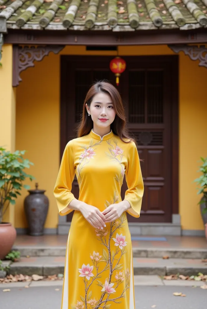 This image depicts a woman wearing a traditional Vietnamese ao dai. The ao dai is bright yellow with delicate floral and branch motifs, paired with white pants. She stands in front of a traditional house with a yellow background, an old tiled roof, and sur...