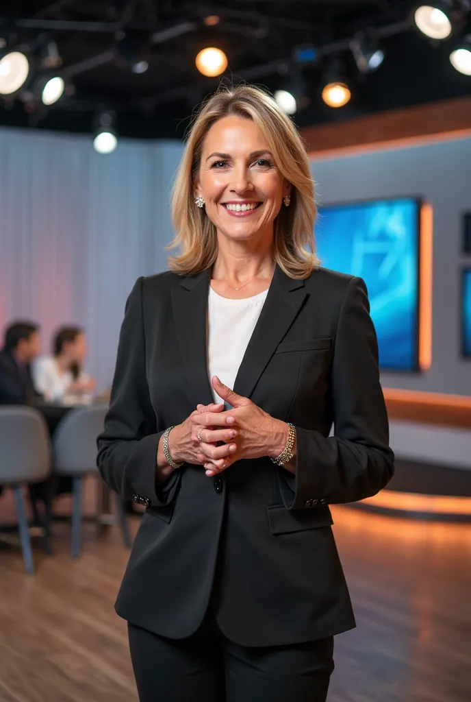 A middle-aged female television presenter, middle-aged and with Caucasian features on a television set looking at the camera 