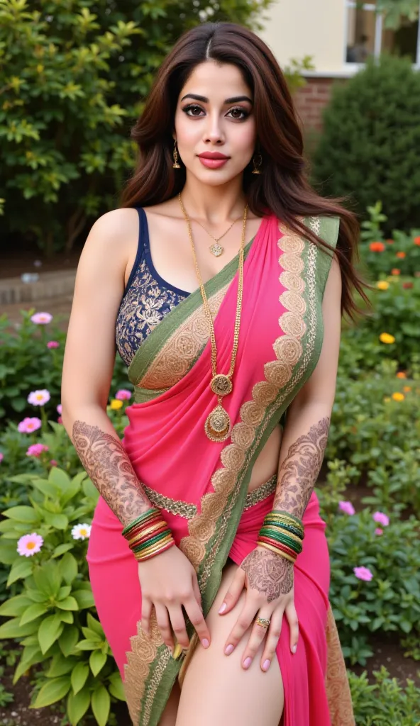 FULL BODY , in MEHANDI HENNA  ON BOTH HANDS AND LEGS , indian housewife, Nose Ring, many green and red bangles in both hands,Earings,long Necklace of big gold and black beads and a small pendant on last,belly chain ,dark shade Lipstick , showing her thick ...