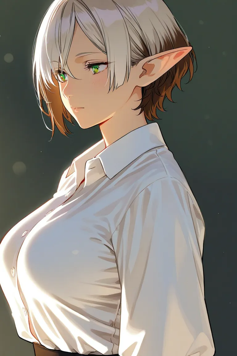 A white-haired big-breasted elf woman wearing a white shirt has taken a black-clad, short-haired, brown-haired woman into the waist tribe.