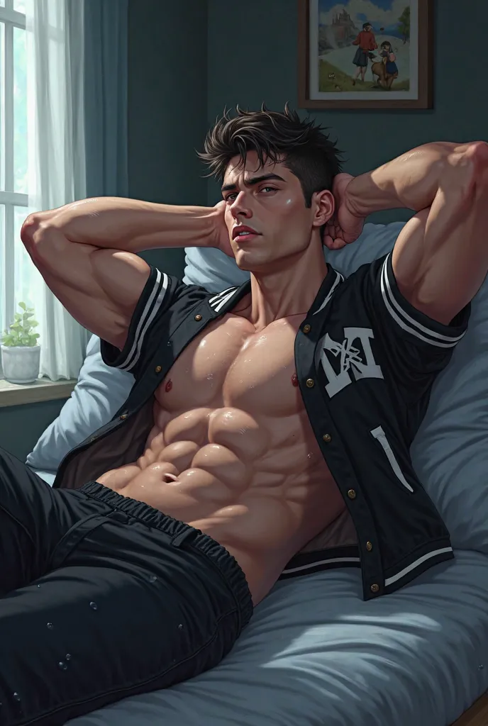 (photorealism:1.2), Jock, muscular, wearing black and white varsity jacket but no shirt, abs exposed, leaning on pillows with hands behind neck, flexing muscles, bully, dim light, glistening skin from sweat, anime 