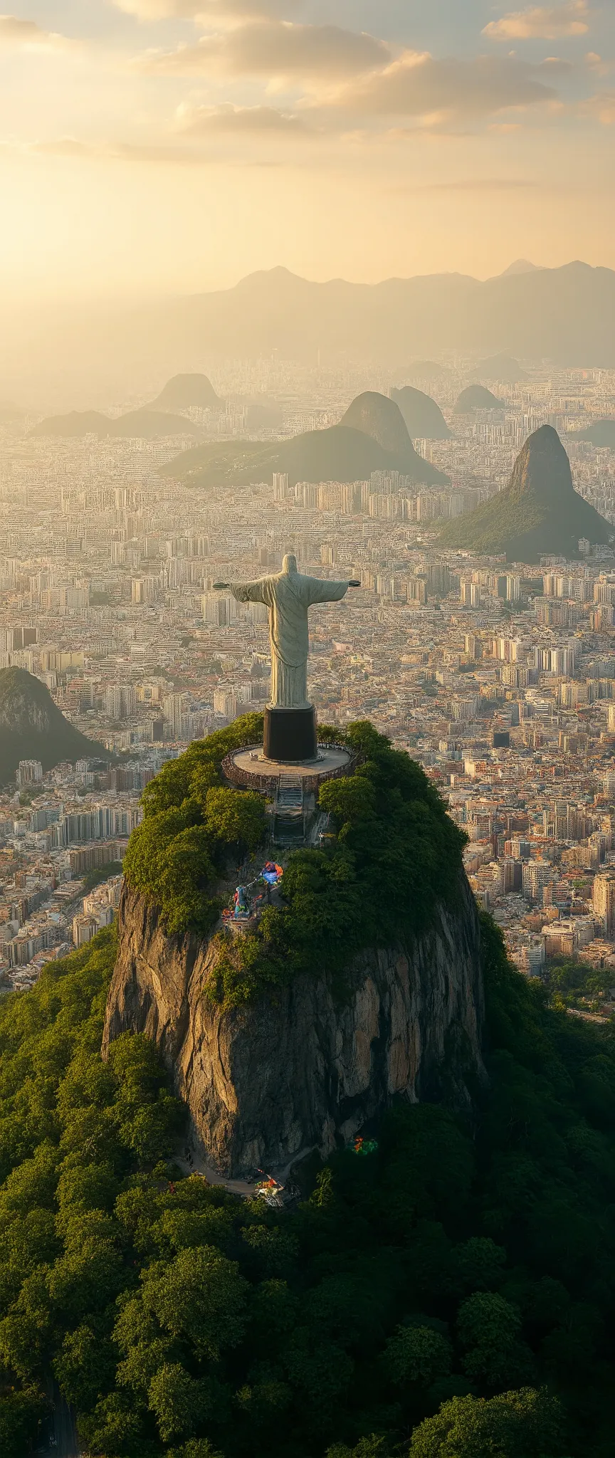 High Res Images、Sao Paulo seen from the summit、  Beautiful Streetscapes、 Aerial view of Christ statue、 Mysterious colorful city with magical creatures hidden in branches、 8k Soft sunrise in Sao Paulo city。