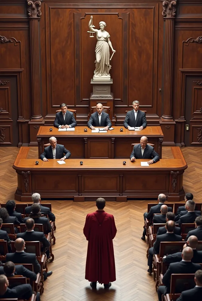 A 3D oblique view of a French courtroom taken from above, showing the entire courtroom, the judges' bench seated on it with the statue of Justice above them, a lawyer in a robe standing in front of them defending the accused, and the audience seated behind...