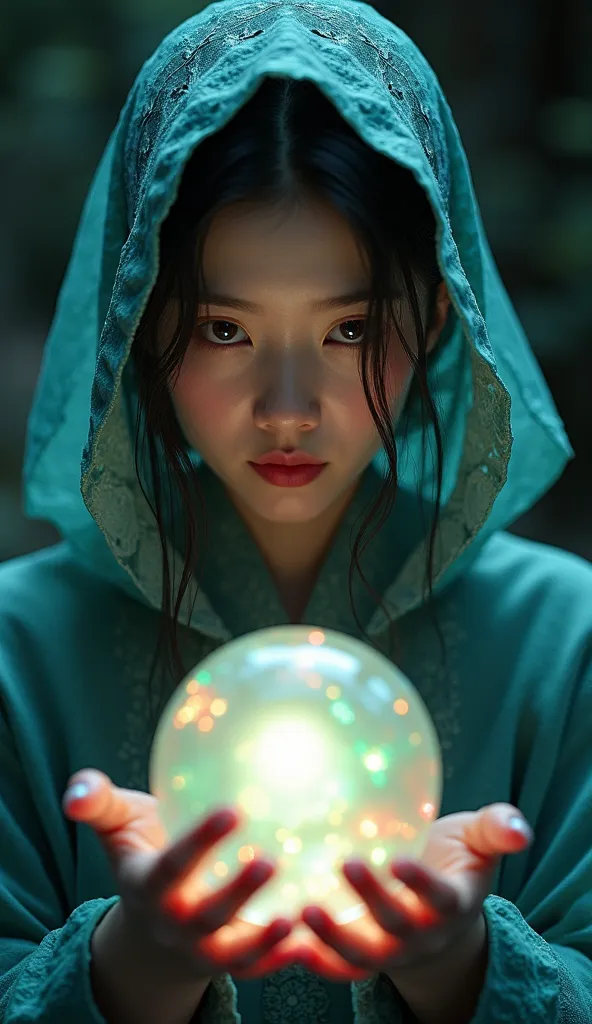 A mysterious and enchanting fortune teller、I'm staring at the glowing crystal ball。40s Japanese women。wears an exquisitely designed organza hooded cloak。Her hands are、has sparkling crystal balls that give off an ethereal multicolored light。The background i...