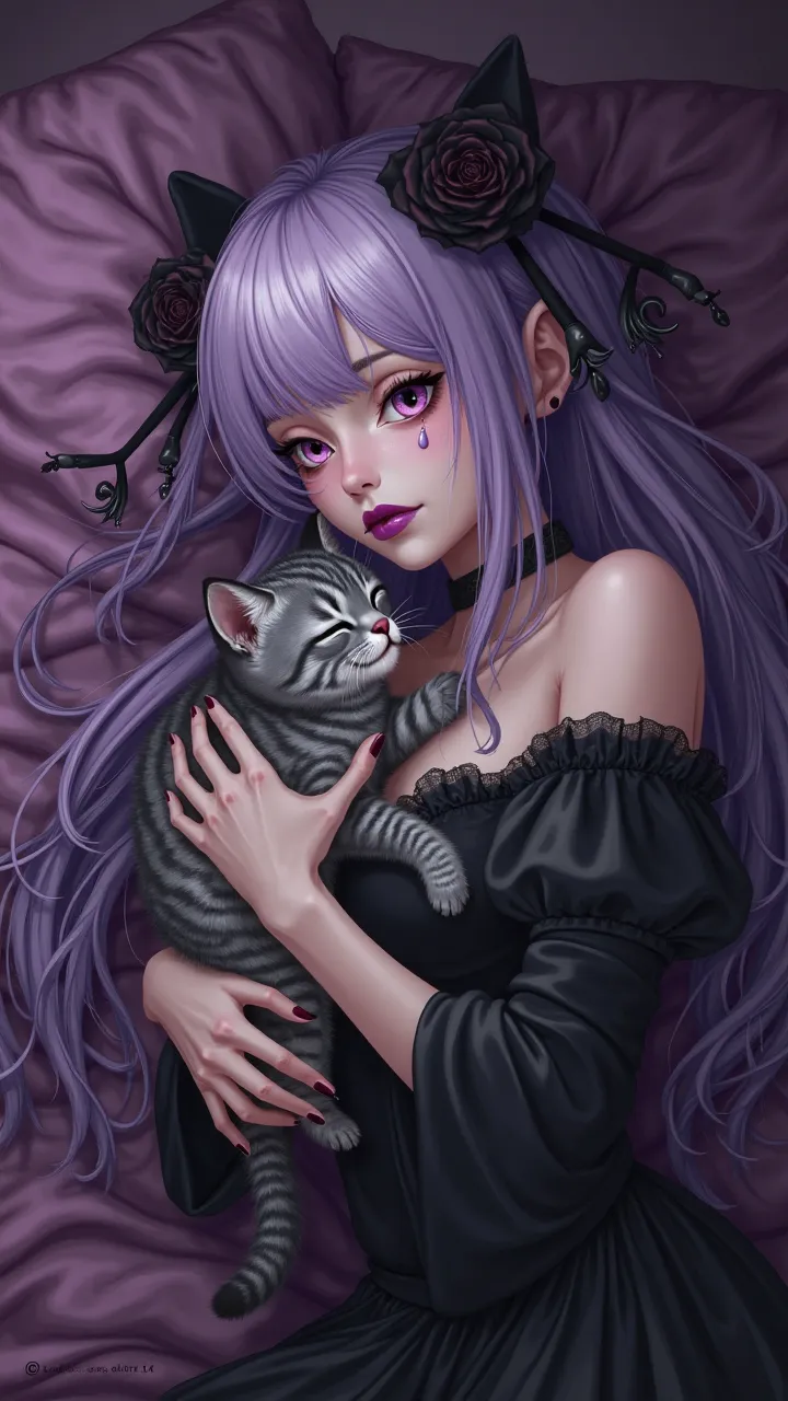 The girl has been left hugging her kitten. She is very sad, She fell asleep crying. Vampire witch anime girl with long purple and white hair. sexy lady . teardrop. BROKEN HEART. Lying on a bed. Gloomy and elegant theater. calaveras. Black roses.  purple li...