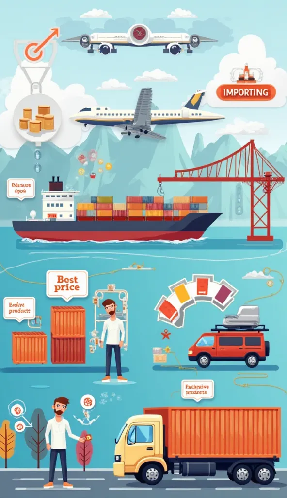 A modern and dynamic illustration representing the benefits of importing. The image must include a cargo ship full of containers arriving at a port, a cargo plane landing and a transport truck carrying goods.  Visual elements such as growth graphics , an e...