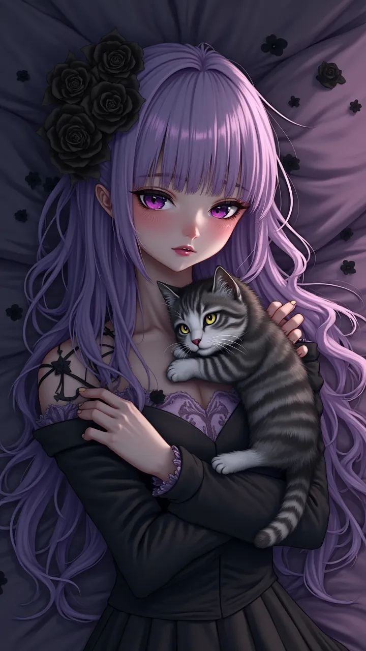 The girl has been left hugging her kitten. She is very sad, She fell asleep crying. Vampire witch anime girl with long purple and white hair. sexy lady . teardrop. BROKEN HEART. Lying on a bed. Gloomy and elegant theater. calaveras. Black roses.  purple li...