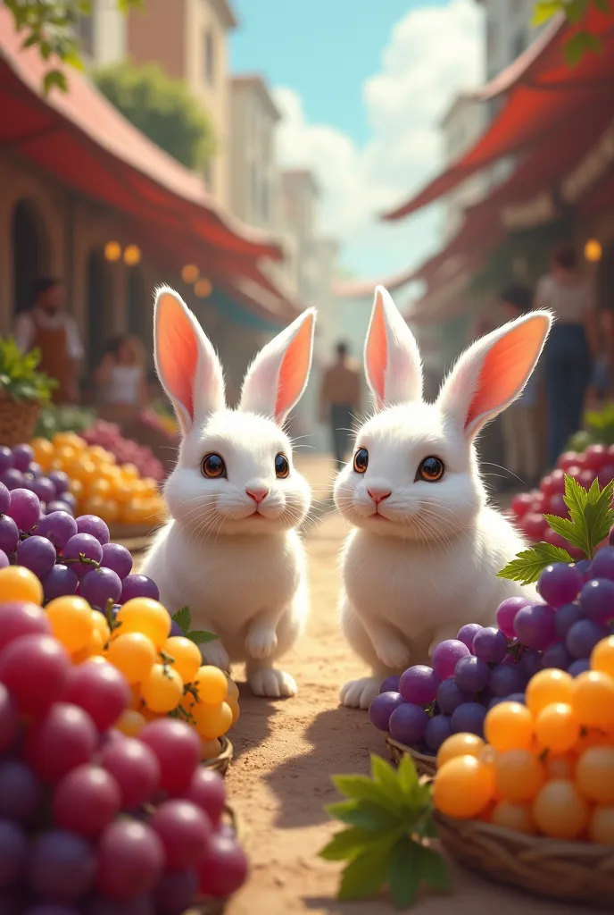 Two rabbits go to the grape market and pay for the fruit.