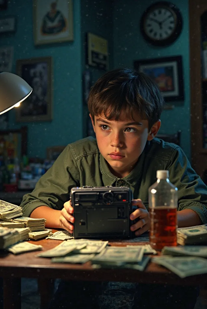 Boy watching a VHS camera with bundles of bills and syrup on a desk

