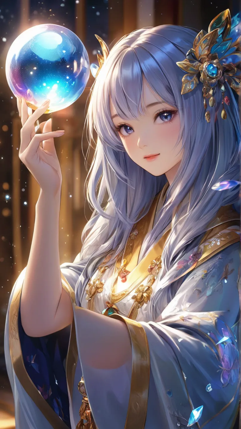 A mysterious and enchanting fortune teller、I'm staring at the glowing crystal ball。40s Japanese women。wears an exquisitely designed organza hooded cloak。Her hands are、has sparkling crystal balls that give off an ethereal multicolored light。The background i...