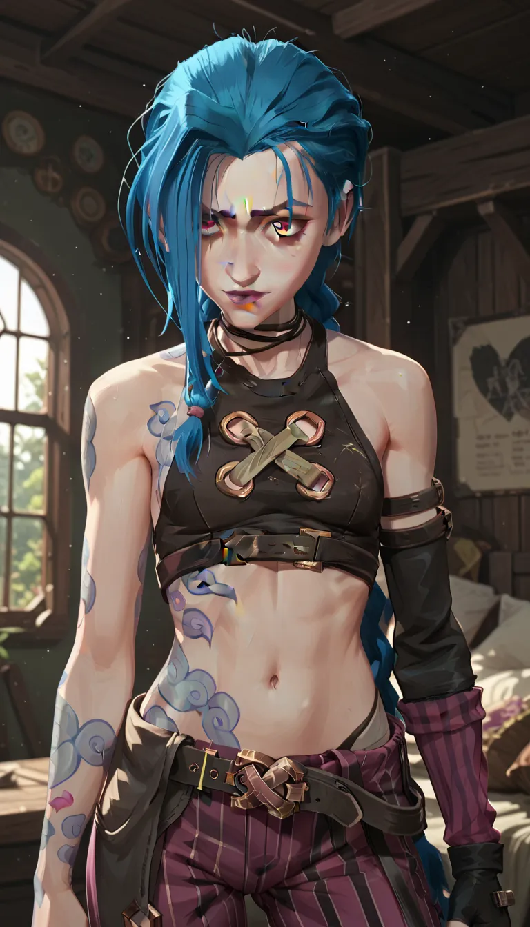 jinx, woman with blue hair and tattoos, Long hair , short hair, navel,  bare shoulders are visible, with mouth closed, highlighted sleeves , fingerless gloves,  pink eyes , double braids,  short top, detailed background, against the backdrop of a destroyed...