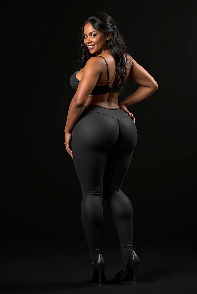 Makima doing a split, looking back at camera, grinning, big butt, plump buttocks, tight black leggings, camera focused on butt