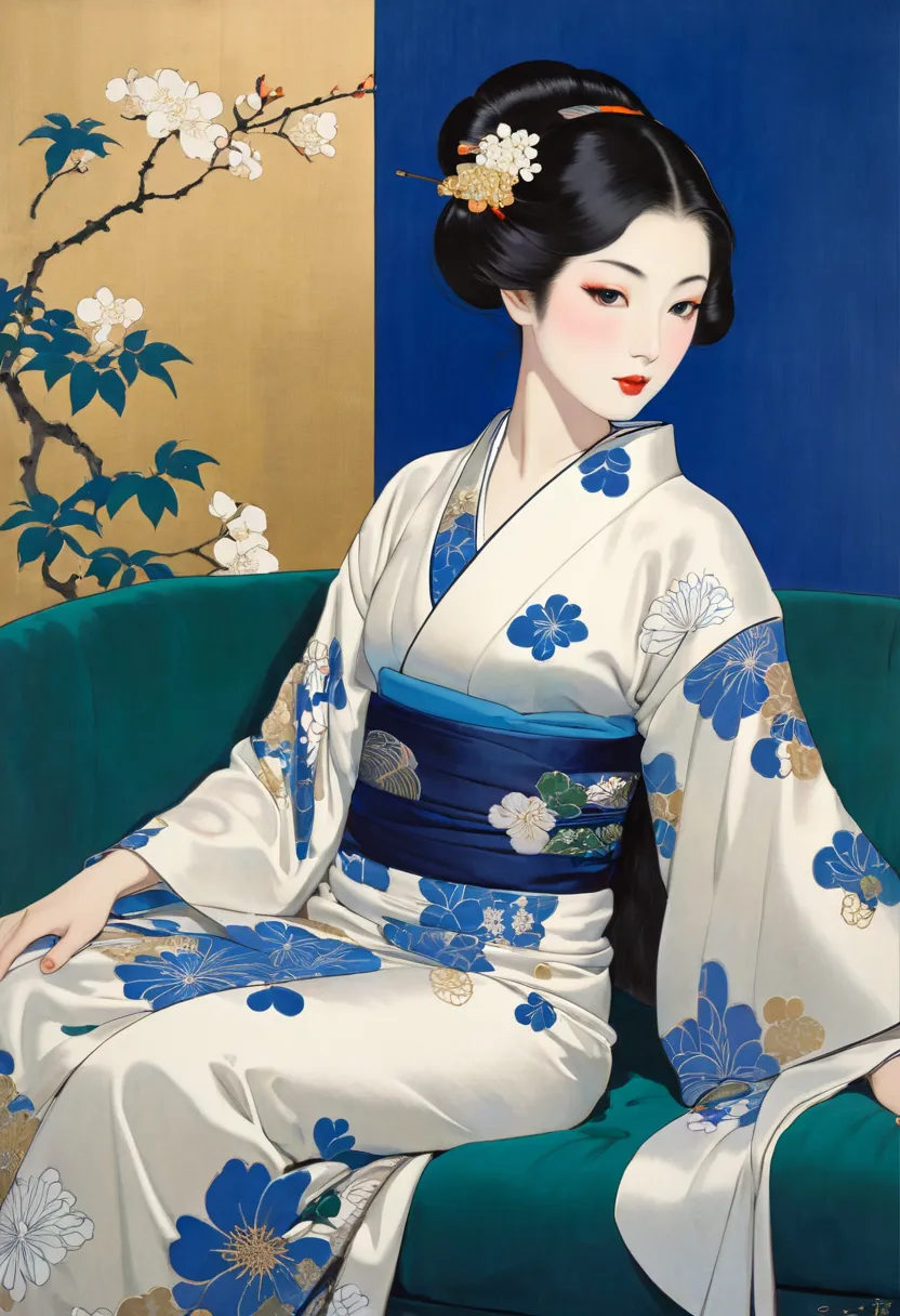 青いソファに座っている着物ドレスを着た女性の絵, Inspired by Shoen Uemura, elegant Japanese woman, drawing of a woman in a kimono dress sitting on a blue sofa inspired by Toyohara Kunishu,  Tosa Mitsunobu  , Inspired by Ito Shinsui, Shibata Zeshin , 山本タカトにインスパイアされた,  Nishinari Ts...