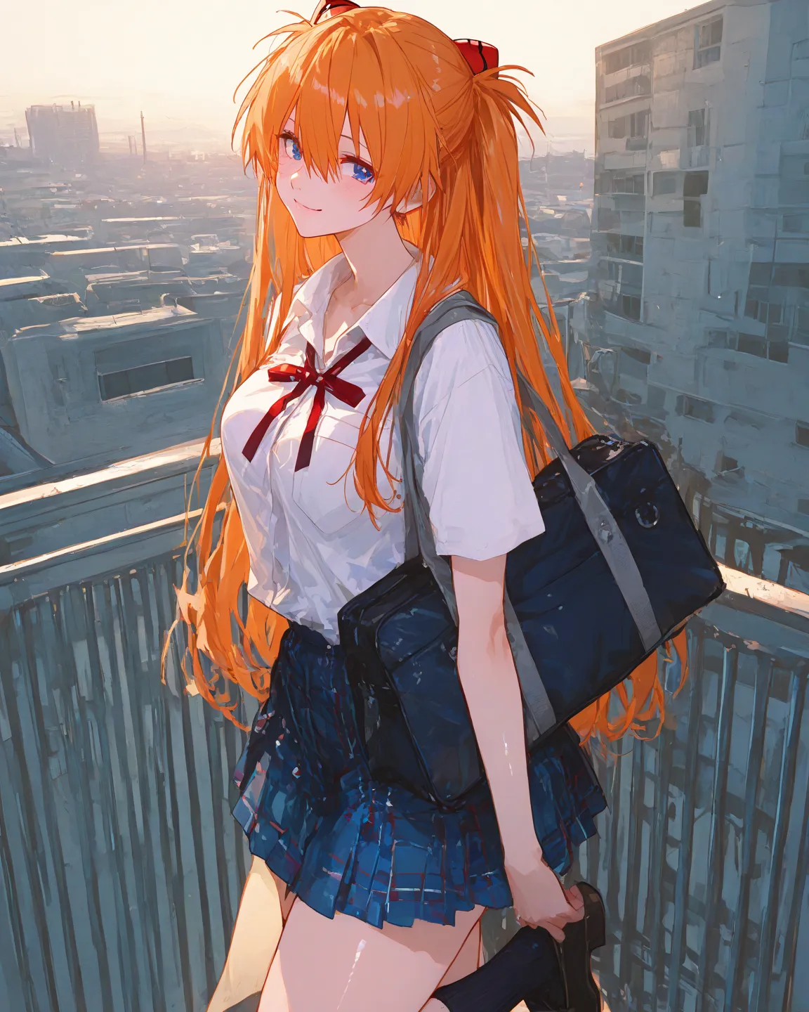    masterpiece, top quality,       vibrant, latest,  graphic anime style、Neon Genesis Evangelion、         Female 1、 、Su Long Aska Langley 、  Orange Hair、      blue eyes、     medium breasts、 school uniform、Light blue uniform、white shirt、    red ribbons、  Sk...