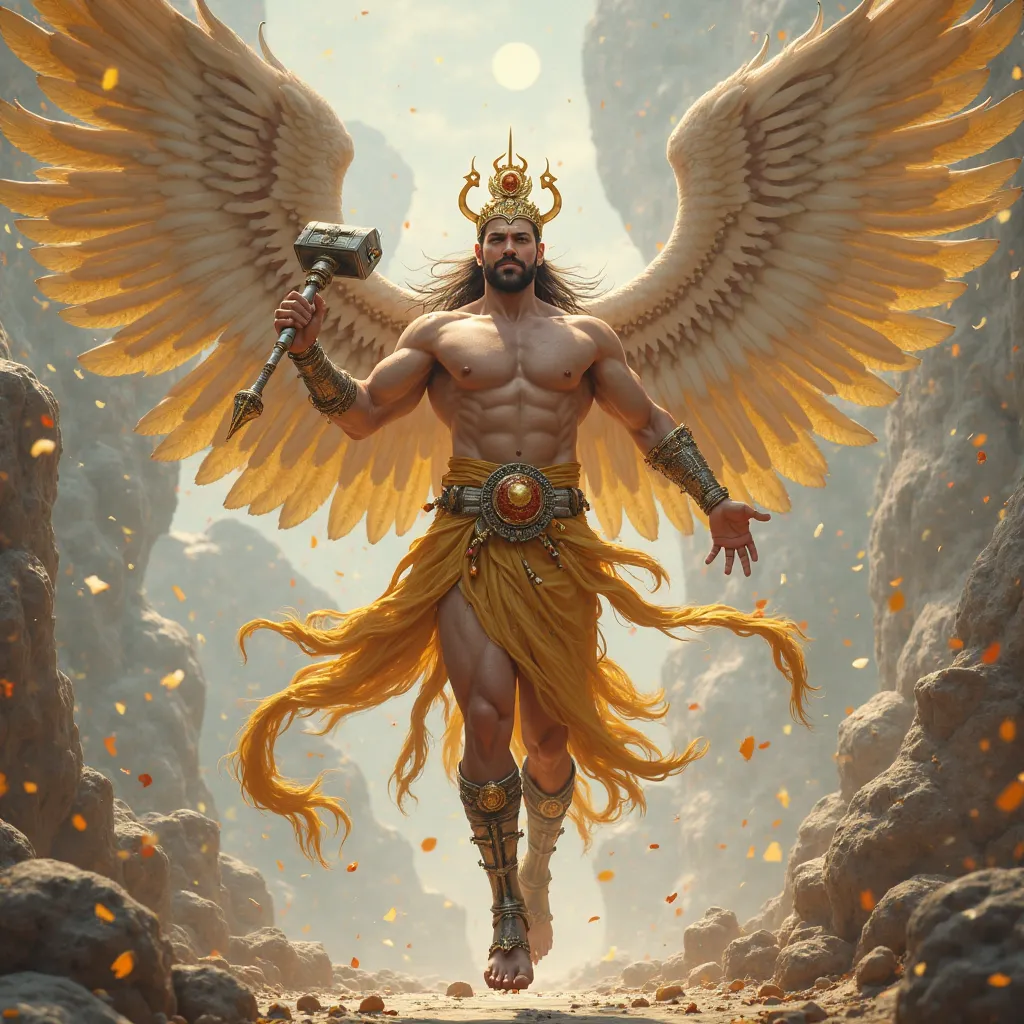 High-definition, real-life version, the Thunder God in the movie, looks like a strong man, with bare chest and abdomen, wings on his back, three suns on his forehead, a handsome red-faced guy, a long sharp chin, and feet like eagle's claws.  From the top t...